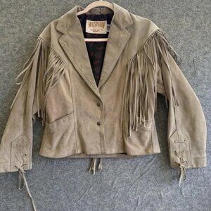 Vintage Schott Western Jacket Womens 14 Tan Suede Fringe USA Lined 90s Cowgirl